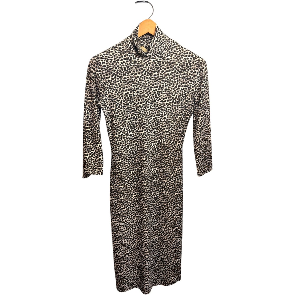 Leopard Print Turtleneck Bodycon Midi Mob-Wife Dress Long Sleeve Tan Black